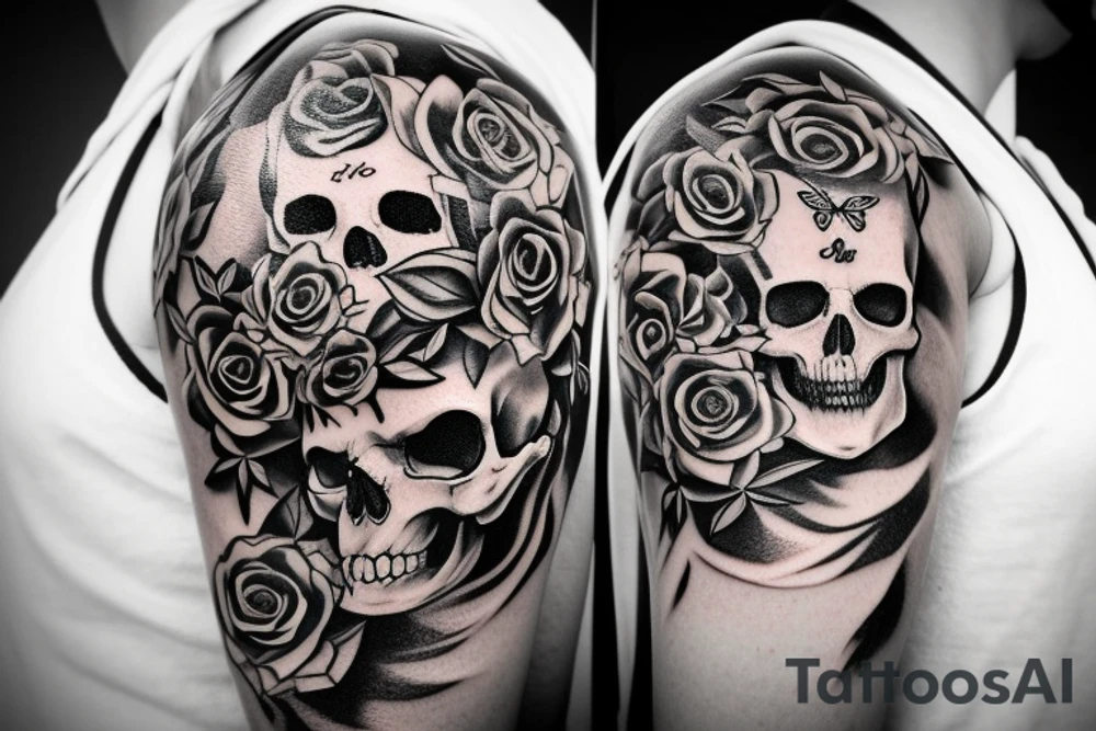 a skull with a butterfly wing to th right and a tilted crown to the left adorned with a rose tattoo idea