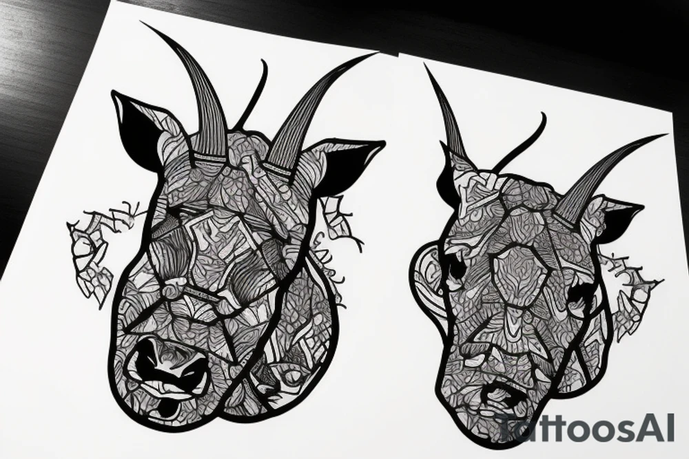 a head is half goat, half rhino. tattoo idea