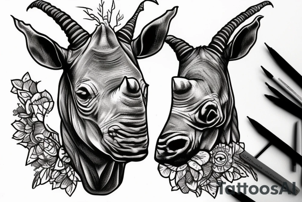 a head is half goat, half rhino. tattoo idea