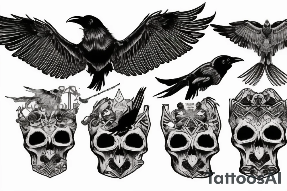 Raven flying with pile of three skulls and bloodhound’s Apex heirloom in talons tattoo idea