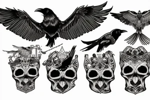 Raven flying with pile of three skulls and bloodhound’s Apex heirloom in talons tattoo idea