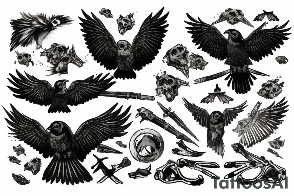 Raven flying with pile of three skulls and bloodhound’s Apex heirloom in talons tattoo idea