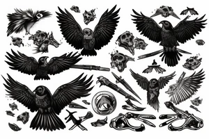 Raven flying with pile of three skulls and bloodhound’s Apex heirloom in talons tattoo idea