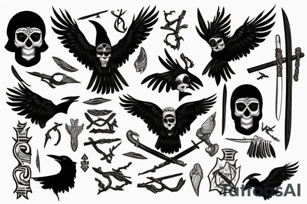 Raven holding tomahawk in beak with Nordic lettering and skull tattoo idea