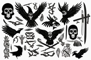 Raven holding tomahawk in beak with Nordic lettering and skull tattoo idea