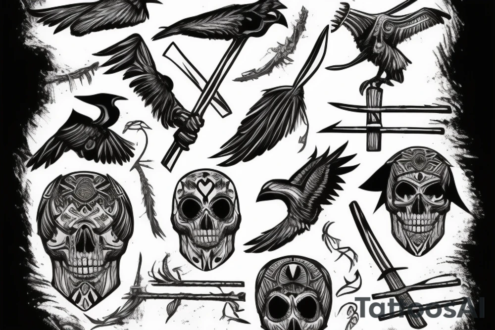 Raven holding tomahawk in beak with Nordic lettering and skull tattoo idea