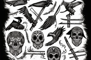 Raven holding tomahawk in beak with Nordic lettering and skull tattoo idea
