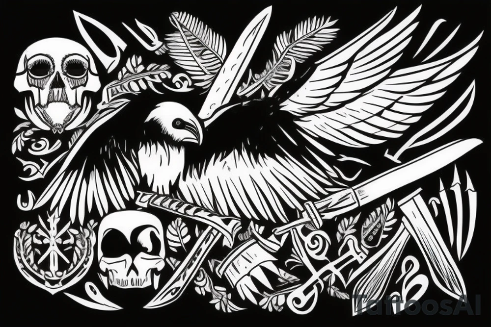 Raven holding tomahawk in beak with Nordic lettering and skull tattoo idea