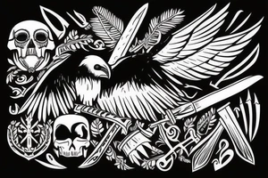 Raven holding tomahawk in beak with Nordic lettering and skull tattoo idea