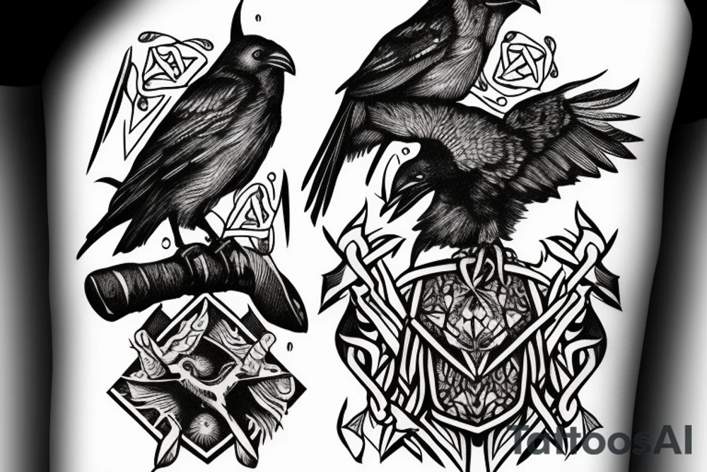 Raven holding tomahawk in beak with Nordic lettering and skull tattoo idea