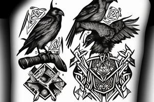 Raven holding tomahawk in beak with Nordic lettering and skull tattoo idea