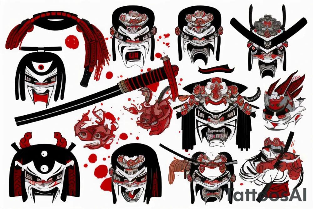 Samurai wearing oni mask, with bloody katana in hand, red and black tattoo idea