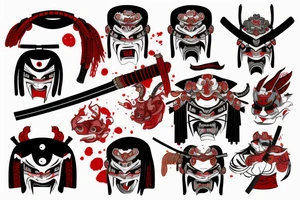 Samurai wearing oni mask, with bloody katana in hand, red and black tattoo idea