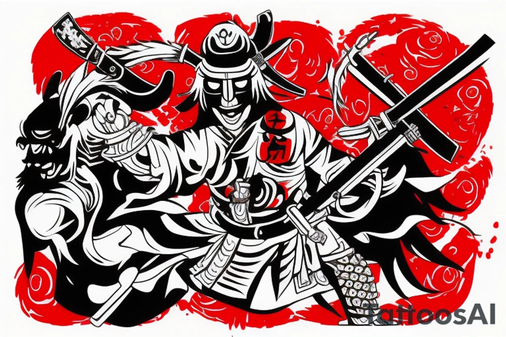 Samurai wearing oni mask, with bloody katana in hand, red and black tattoo idea