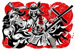 Samurai wearing oni mask, with bloody katana in hand, red and black tattoo idea