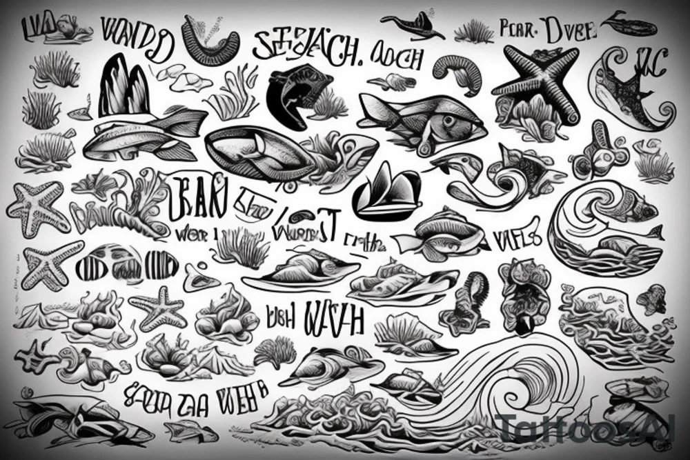 I want my area code of 757 in block letters, inside the letter I want a beach scene with waves, sand, and ocean animals tattoo idea