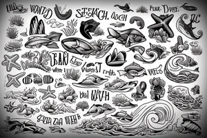 I want my area code of 757 in block letters, inside the letter I want a beach scene with waves, sand, and ocean animals tattoo idea