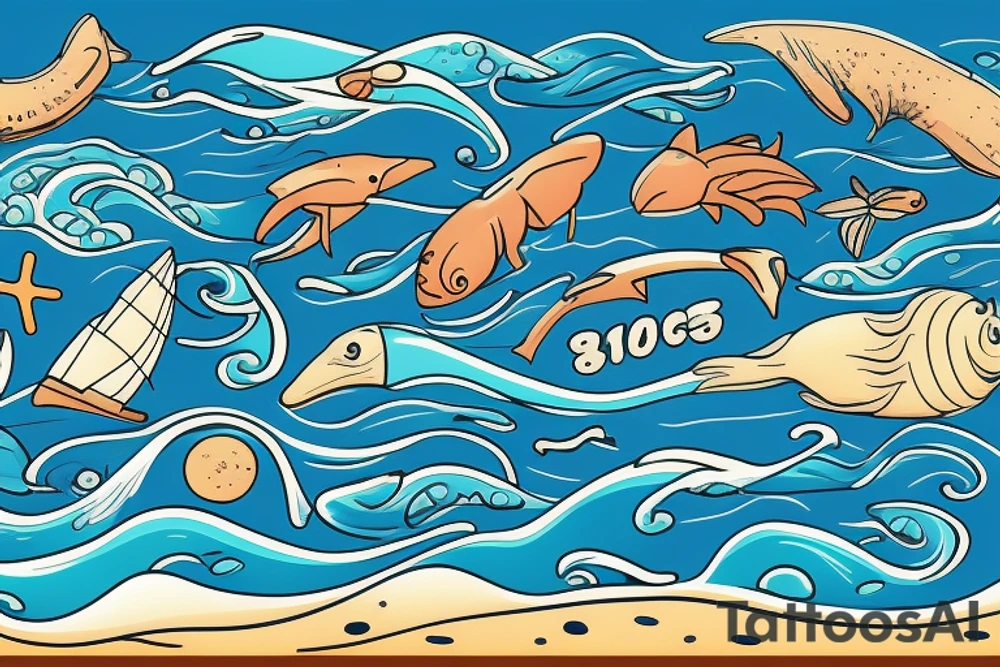 757 in block letters, inside the numbers, I want a beach scene with waves, sand, and ocean animals tattoo idea