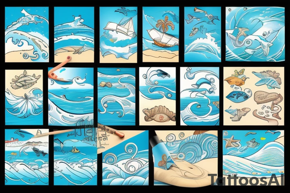 757 in block letters, inside the numbers, I want a beach scene with waves, sand, and ocean animals tattoo idea
