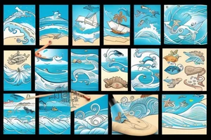 757 in block letters, inside the numbers, I want a beach scene with waves, sand, and ocean animals tattoo idea