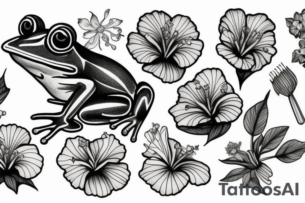 Frog with hibiscus and paintbrush tattoo idea
