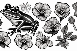 Frog with hibiscus and paintbrush tattoo idea