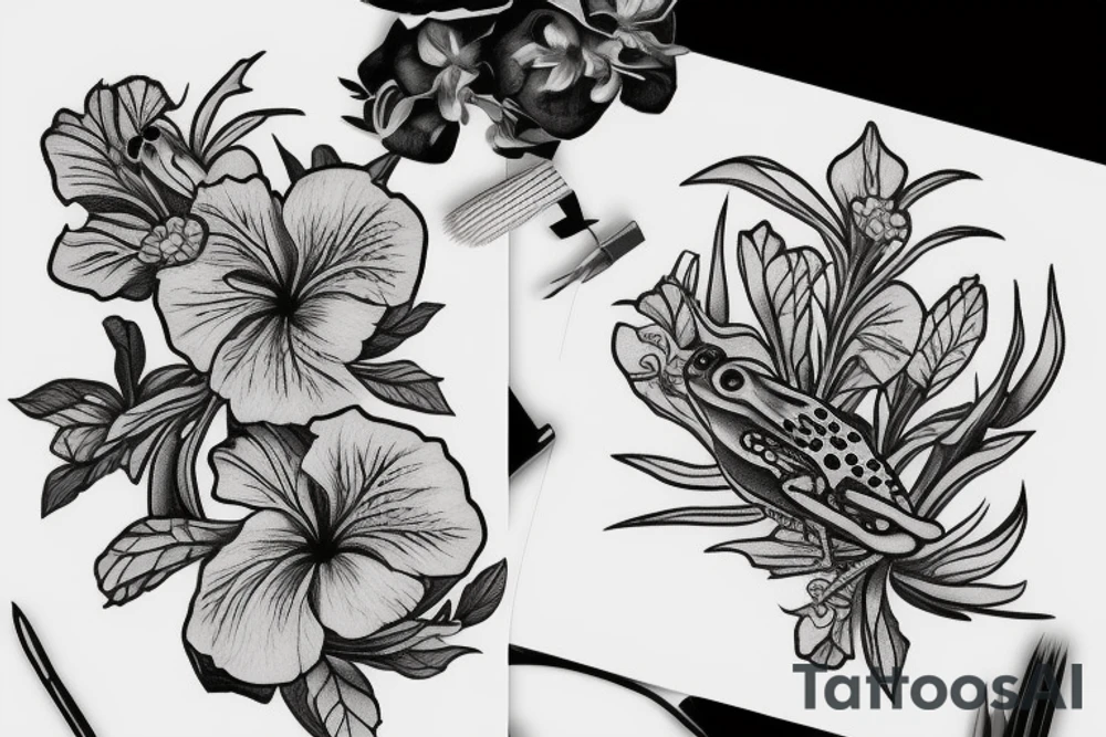 Frog with hibiscus and paintbrush tattoo idea