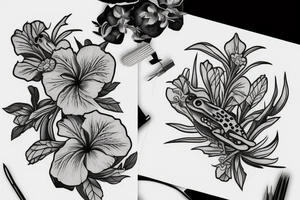 Frog with hibiscus and paintbrush tattoo idea
