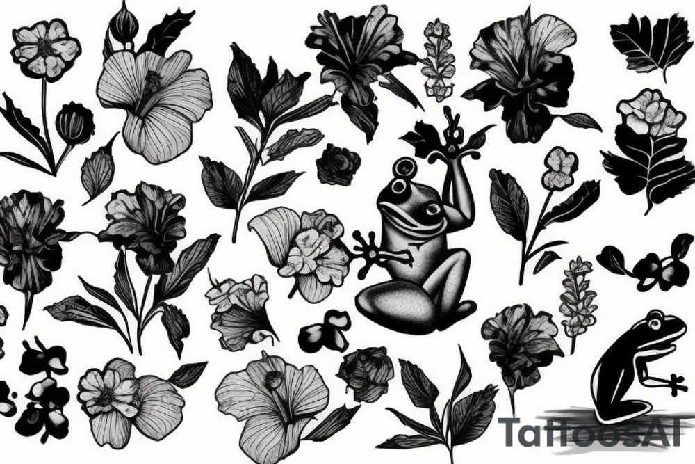 Frog with hibiscus and paintbrush tattoo idea Frog with hibiscus and paintbrush tattoo idea