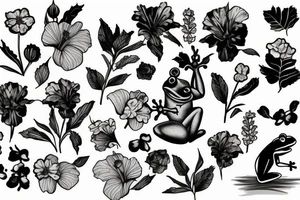 Frog with hibiscus and paintbrush tattoo idea