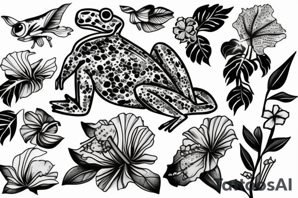 Frog with hibiscus and paintbrush tattoo idea Frog with hibiscus and paintbrush tattoo idea