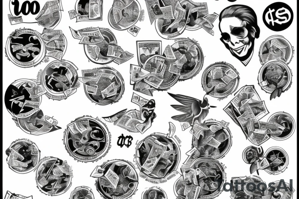 Flying dollar signs from money bag tattoo idea