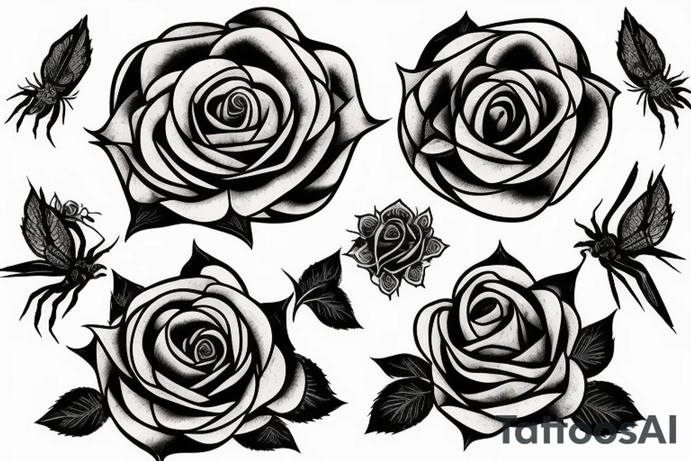 Traditional rose with spider webs tattoo idea