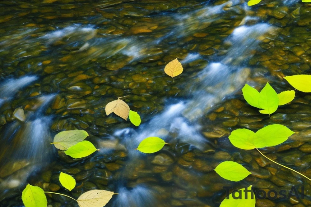 leaves on a stream could be a line of leaves flowing down the stream, with one leaf slightly larger than the others to serve as the focal point. The leaves could be different shades of green, with some having slight variations in color to represent the different stages of growth. The stream could be depicted as a thin blue or black line, with rippling effects to give the impression of flowing water. Additionally, the tattoo could be placed on the inner arm, with the leaves flowing down towards the wrist and the stream following the natural curve of the arm. tattoo idea