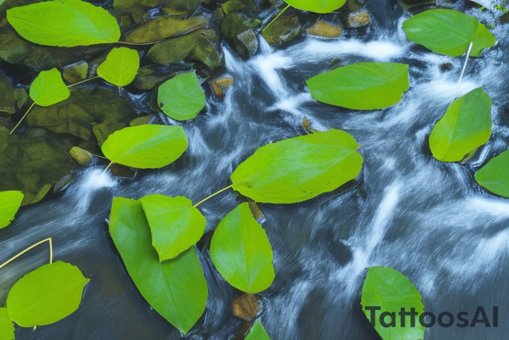 leaves on a stream could be a line of leaves flowing down the stream, with one leaf slightly larger than the others to serve as the focal point. The leaves could be different shades of green, with some having slight variations in color to represent the different stages of growth. The stream could be depicted as a thin blue or black line, with rippling effects to give the impression of flowing water. Additionally, the tattoo could be placed on the inner arm, with the leaves flowing down towards the wrist and the stream following the natural curve of the arm. tattoo idea