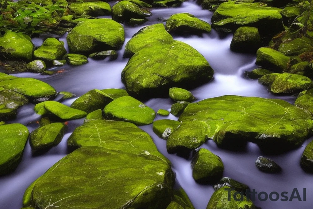 leaves on a stream could be a line of leaves flowing down the stream, with one leaf slightly larger than the others to serve as the focal point. The leaves could be different shades of green, with some having slight variations in color to represent the different stages of growth. The stream could be depicted as a thin blue or black line, with rippling effects to give the impression of flowing water. Additionally, the tattoo could be placed on the inner arm, with the leaves flowing down towards the wrist and the stream following the natural curve of the arm. tattoo idea