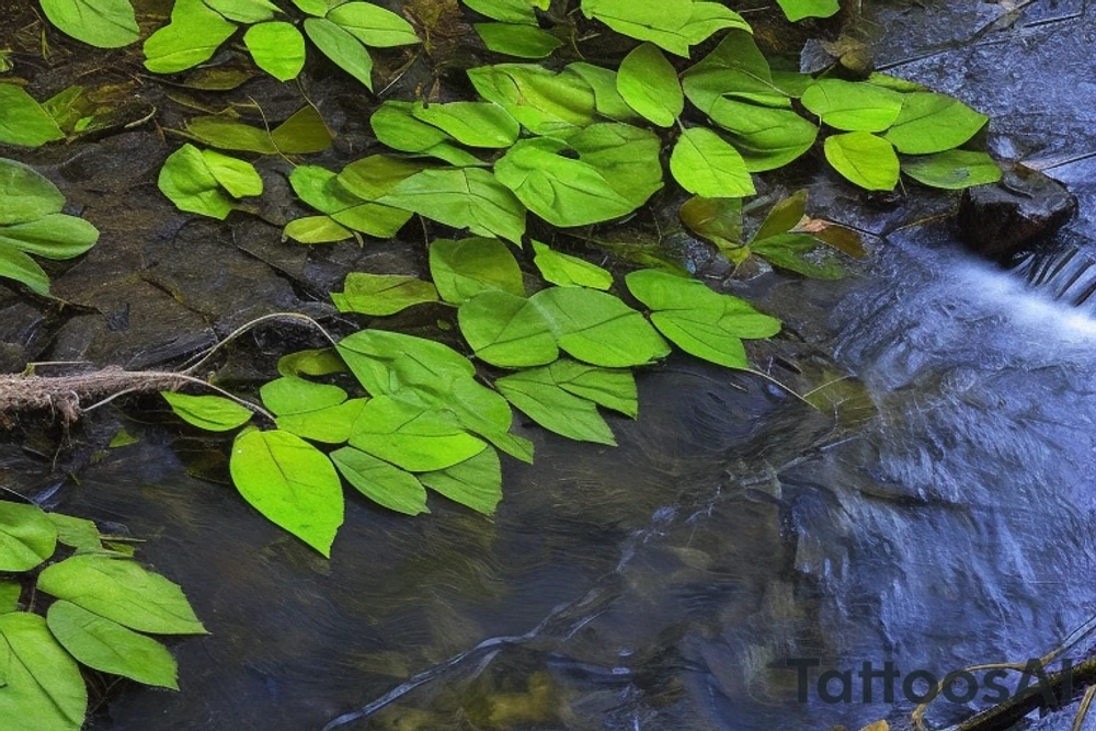 leaves on a stream could be a line of leaves flowing down the stream, with one leaf slightly larger than the others to serve as the focal point. The leaves could be different shades of green, with some having slight variations in color to represent the different stages of growth. The stream could be depicted as a thin blue or black line, with rippling effects to give the impression of flowing water. Additionally, the tattoo could be placed on the inner arm, with the leaves flowing down towards the wrist and the stream following the natural curve of the arm. tattoo idea