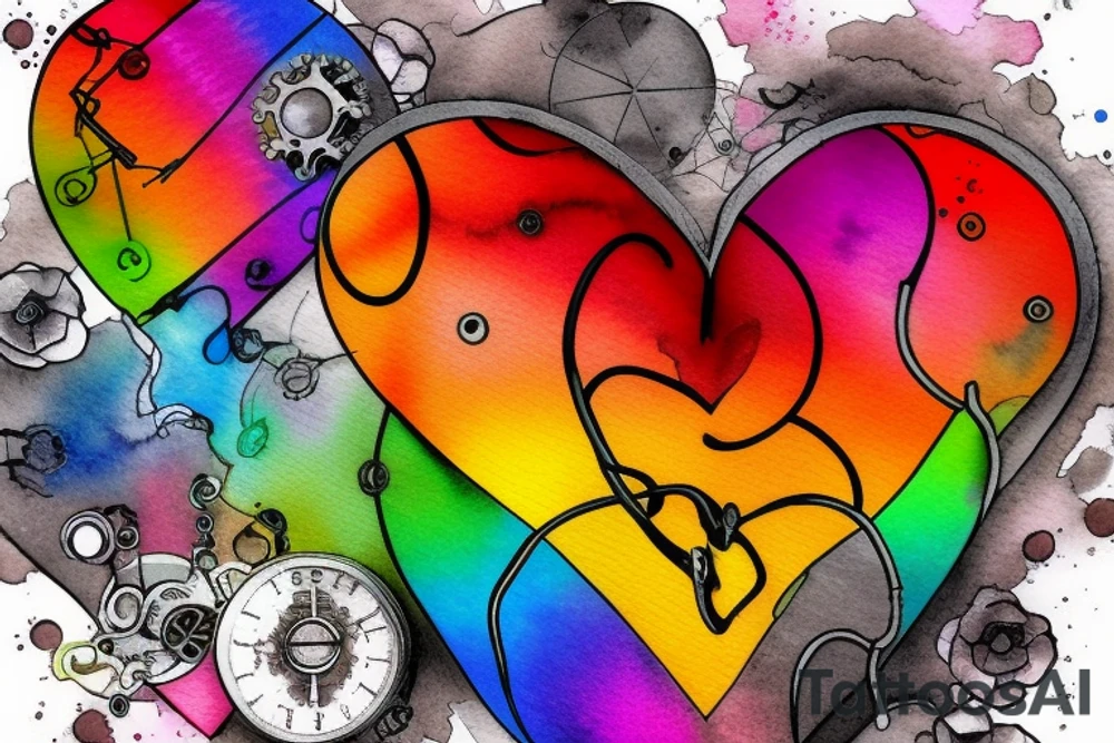 Steampunk heart; lgbt; bright colours; abstract; watercolour; as a tattoo tattoo idea
