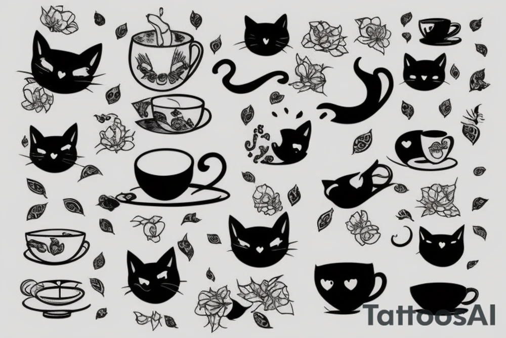Black cat with a tea cup tattoo idea