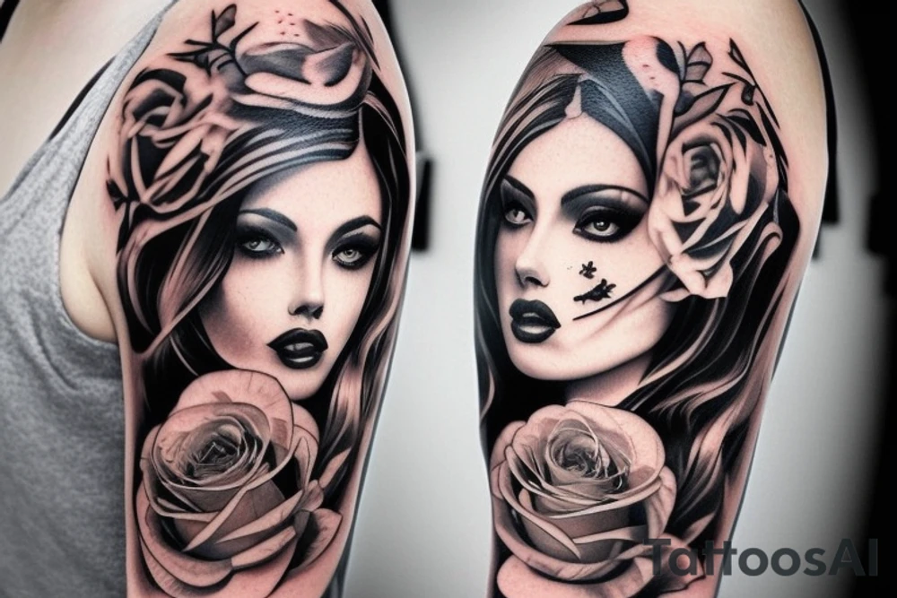 Dark sexy woman sleeve clock tattoo idea