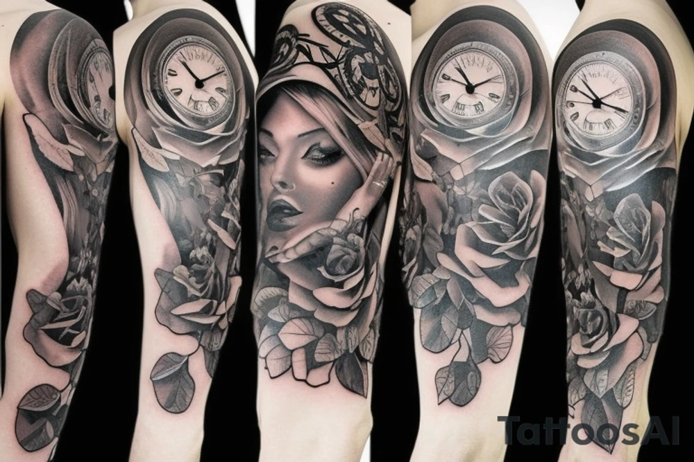 Dark sexy woman sleeve clock tattoo idea