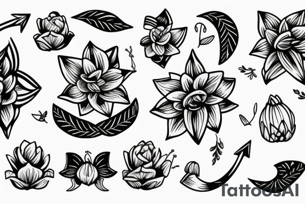 Lily flower with bow and arrow tattoo idea