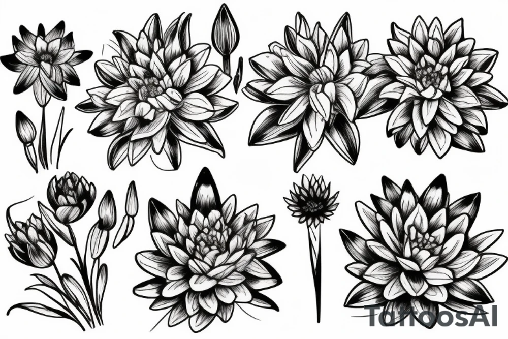 bouquet of five flowers, 1 lily, 1 marigold, 1 chrysanthemum, 1 water lily, 1 iris. The stems of the flowers turn into the word family written in handwriting tattoo idea