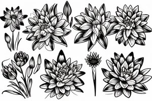 bouquet of five flowers, 1 lily, 1 marigold, 1 chrysanthemum, 1 water lily, 1 iris. The stems of the flowers turn into the word family written in handwriting tattoo idea