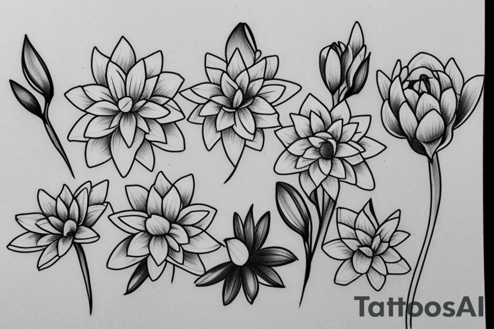 bouquet of five flowers, 1 lily, 1 marigold, 1 chrysanthemum, 1 water lily, 1 iris. The stems of the flowers turn into the word family written in handwriting tattoo idea