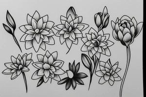 bouquet of five flowers, 1 lily, 1 marigold, 1 chrysanthemum, 1 water lily, 1 iris. The stems of the flowers turn into the word family written in handwriting tattoo idea