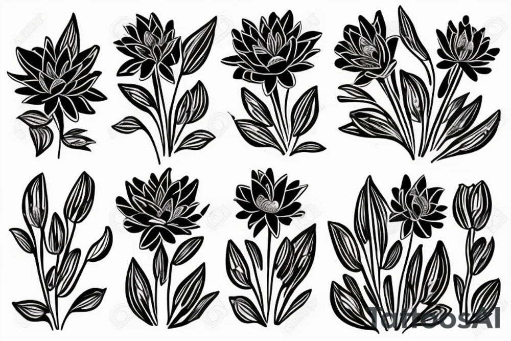 bouquet of five flowers, 1 lily, 1 marigold, 1 chrysanthemum, 1 water lily, 1 iris. The stems of the flowers turn into the word family written in handwriting tattoo idea