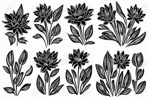 bouquet of five flowers, 1 lily, 1 marigold, 1 chrysanthemum, 1 water lily, 1 iris. The stems of the flowers turn into the word family written in handwriting tattoo idea