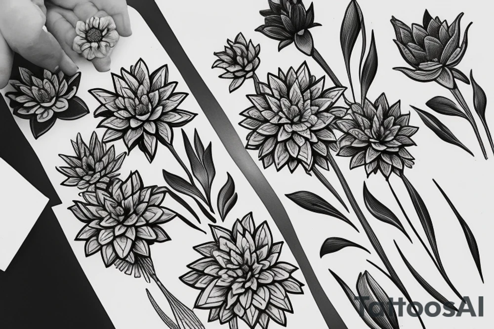 bouquet of five flowers, 1 lily, 1 marigold, 1 chrysanthemum, 1 water lily, 1 iris. The stems of the flowers turn into the word family written in handwriting tattoo idea