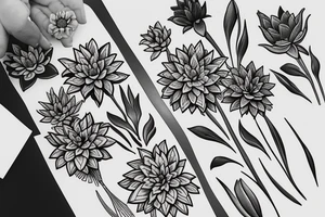 bouquet of five flowers, 1 lily, 1 marigold, 1 chrysanthemum, 1 water lily, 1 iris. The stems of the flowers turn into the word family written in handwriting tattoo idea